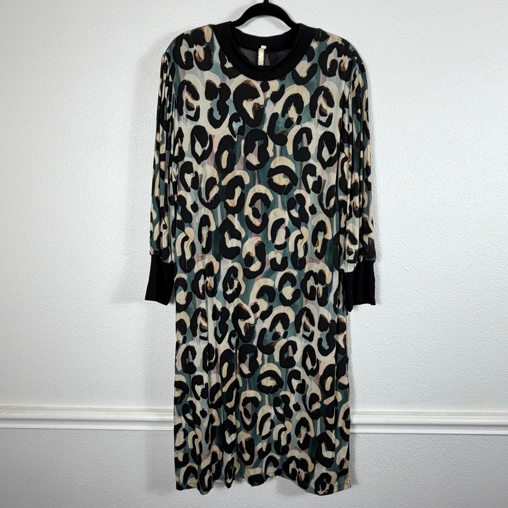 Uncle Frank Womens M Leopard Print Dress Rayon Midi Long Sleeve Rib Trim